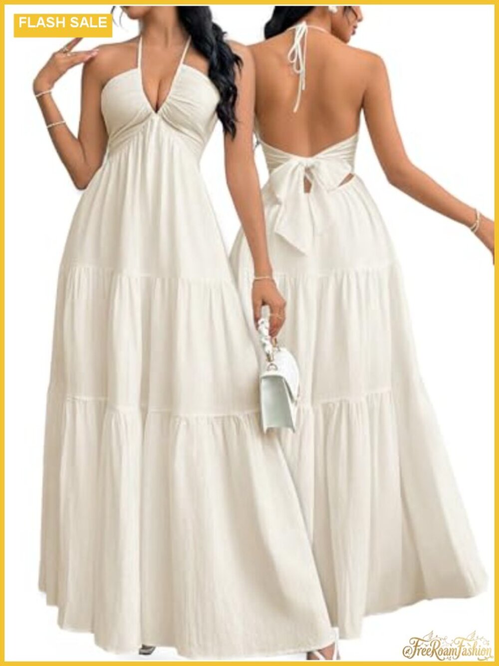 Women's Maxi Summer Dress Halter V Neck A-Line Beach Casual Vacation Flowy